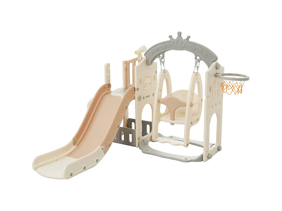 5-in-1 kinderglijbaan, 157x145,5x121 cm, met klimstructuur en schommel, bruin en wit HDPE-materiaal, voor de woonkamer