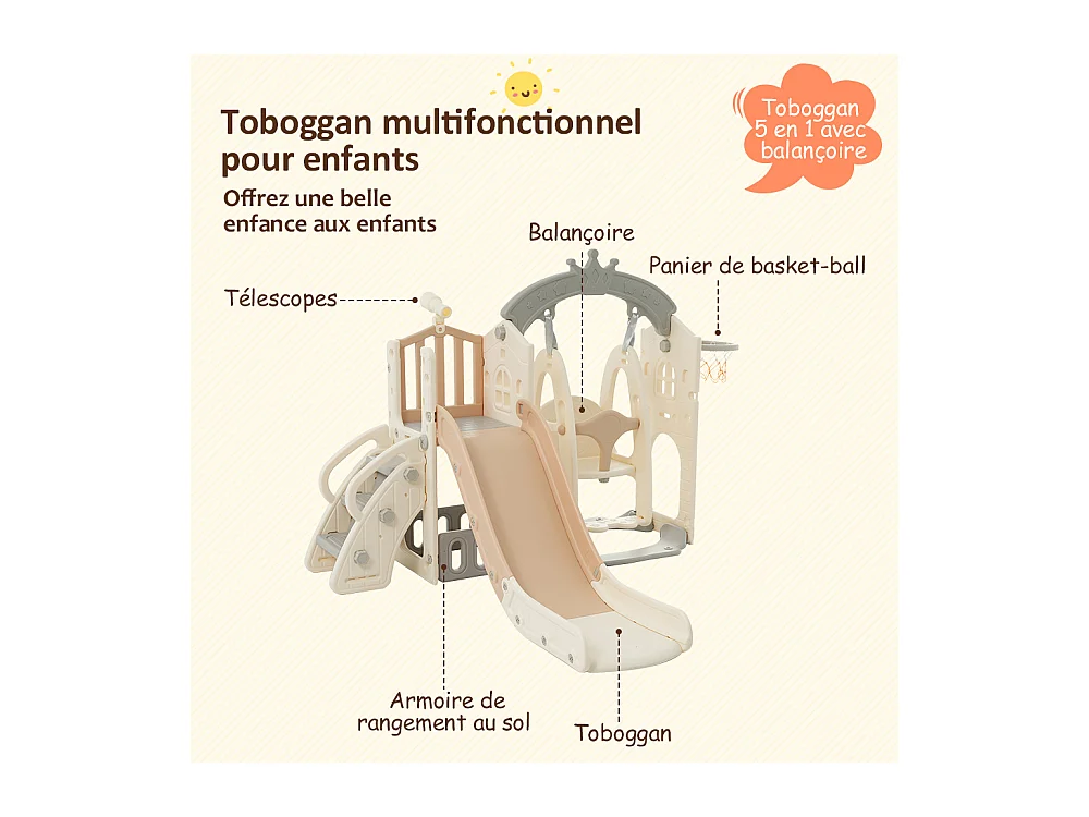 5-in-1 kinderglijbaan, 157x145,5x121 cm, met klimstructuur en schommel, bruin en wit HDPE-materiaal, voor de woonkamer