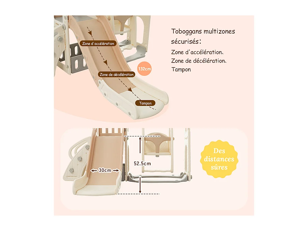 5-in-1 kinderglijbaan, 157x145,5x121 cm, met klimstructuur en schommel, bruin en wit HDPE-materiaal, voor de woonkamer