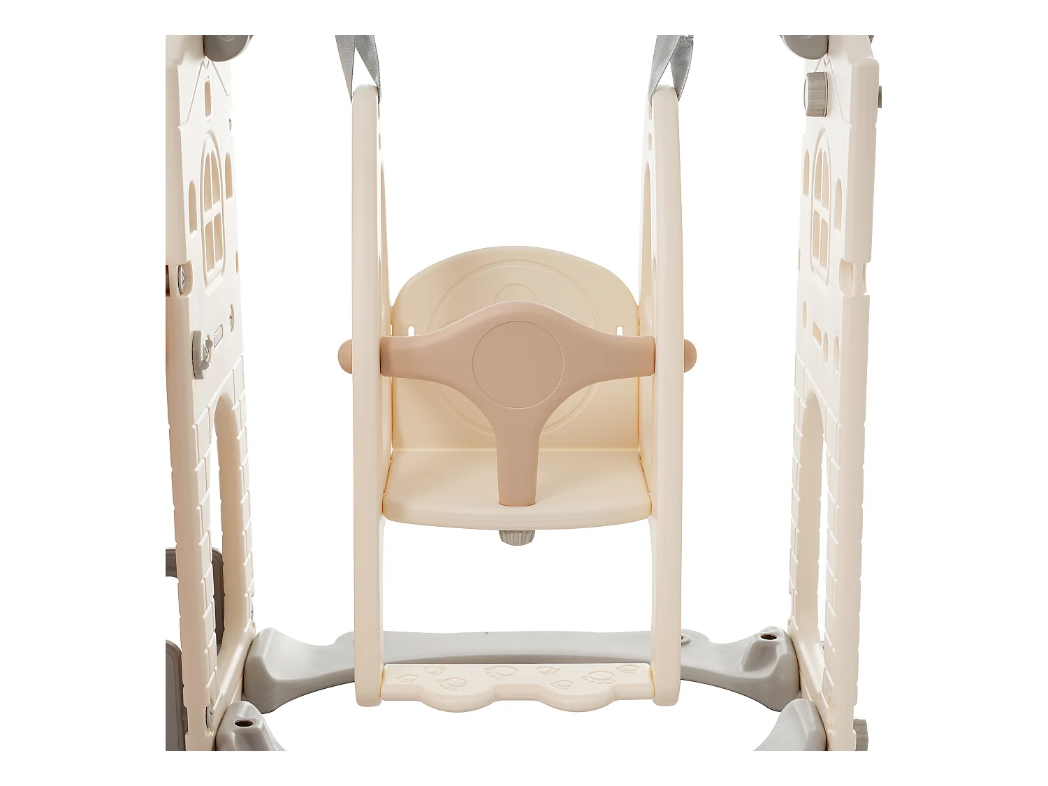 5-in-1 kinderglijbaan, 157x145,5x121 cm, met klimstructuur en schommel, bruin en wit HDPE-materiaal, voor de woonkamer