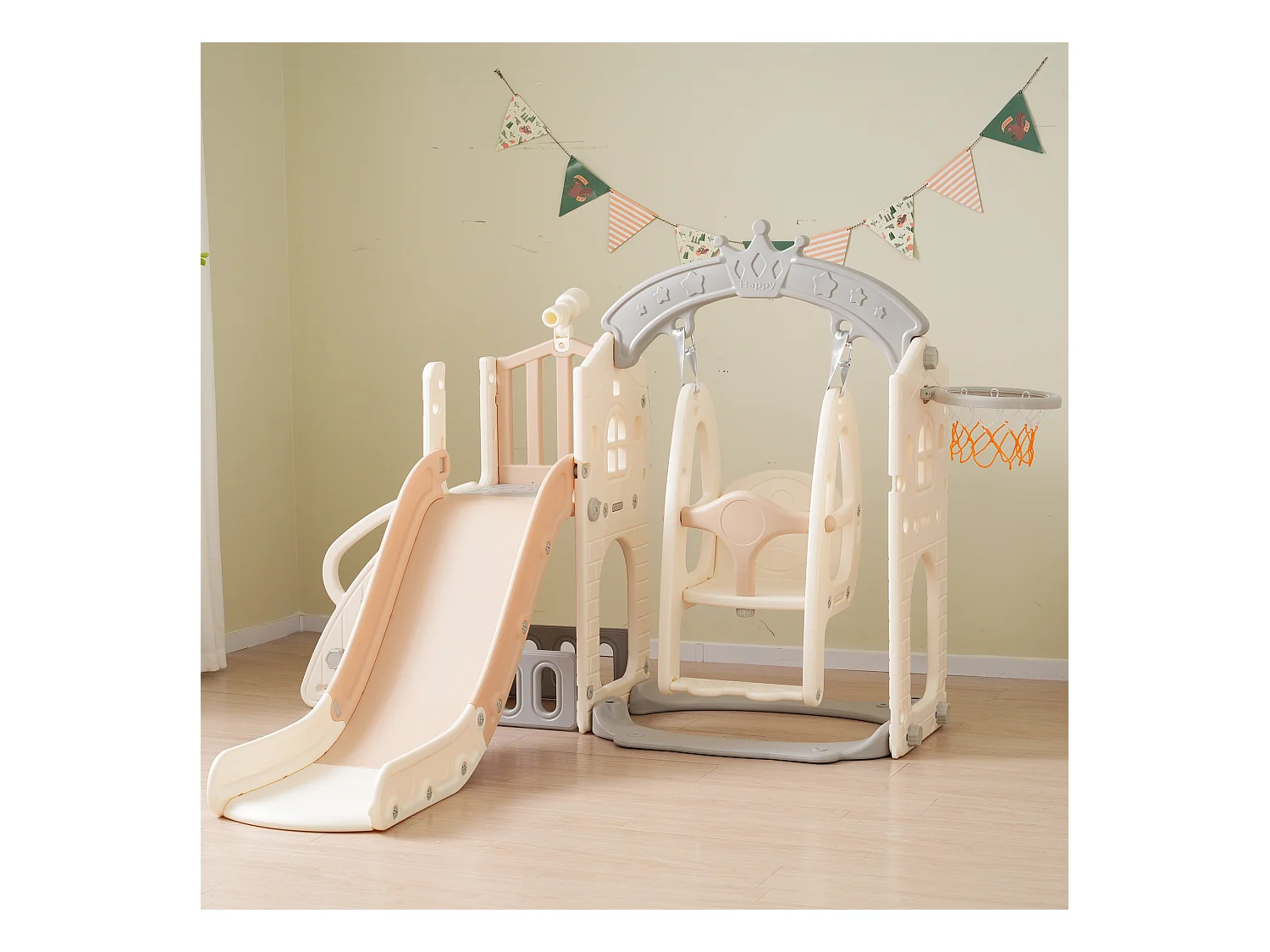 5-in-1 kinderglijbaan, 157x145,5x121 cm, met klimstructuur en schommel, bruin en wit HDPE-materiaal, voor de woonkamer