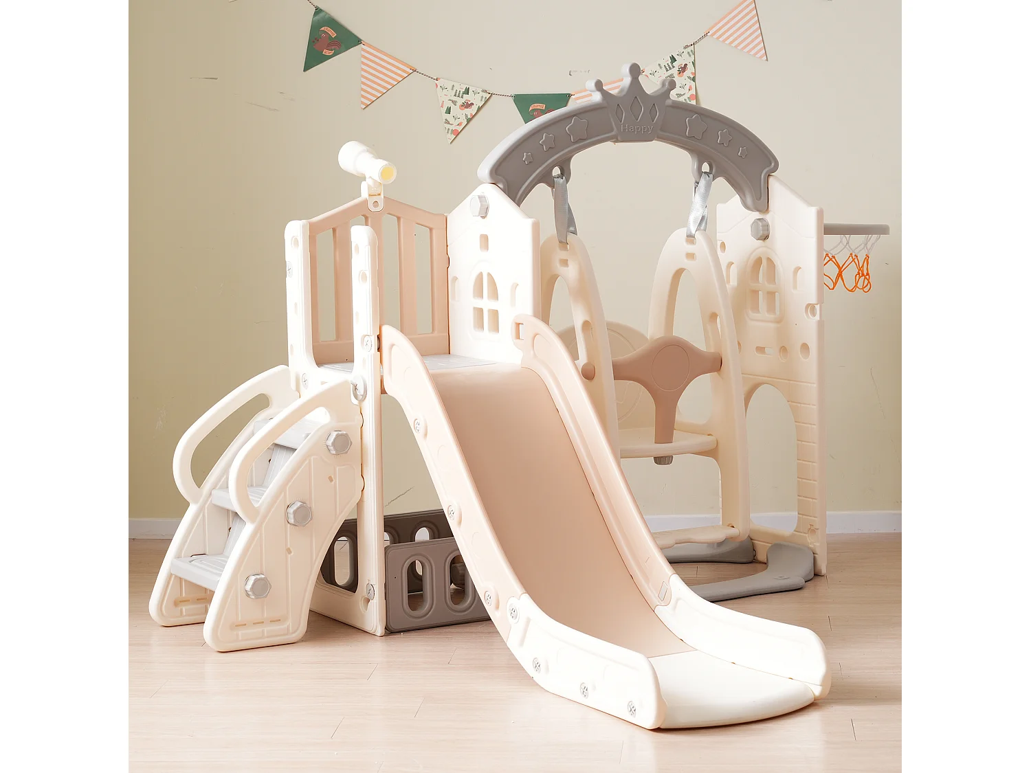 Toboggan enfant 5 en 1 157x145.5x121 cm avec structure d'escalade et balançoire matériau PEHD brun et blanc pour salon