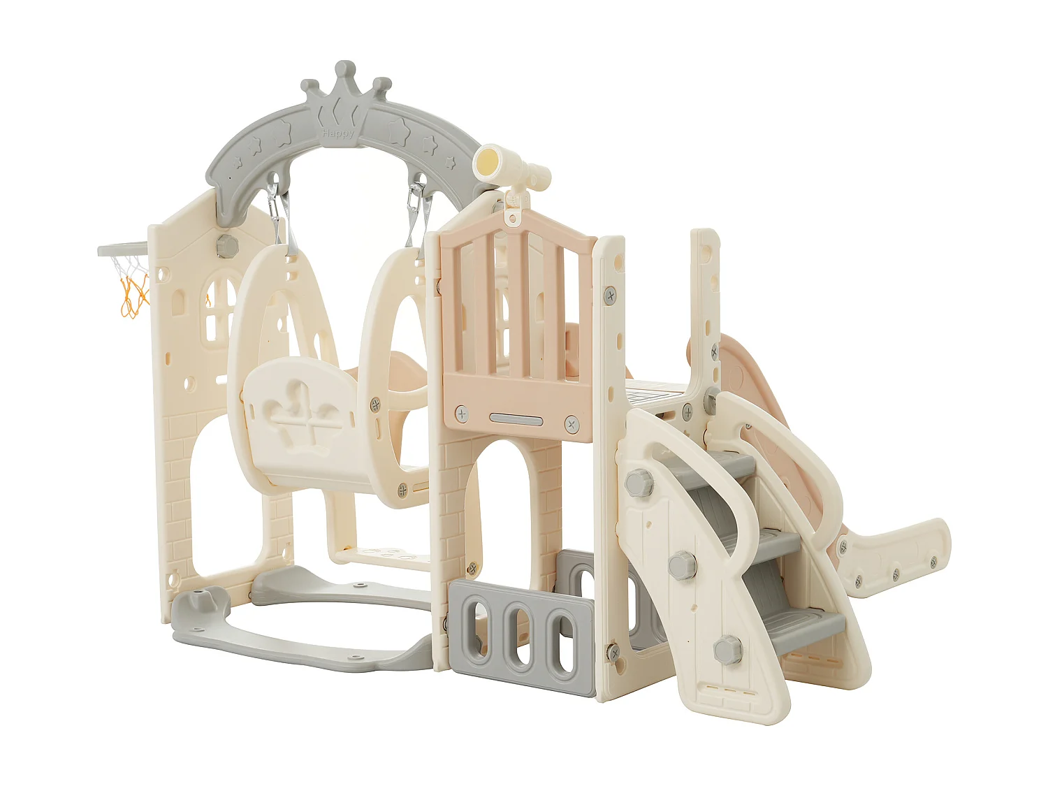 Toboggan enfant 5 en 1 157x145.5x121 cm avec structure d'escalade et balançoire matériau PEHD brun et blanc pour salon