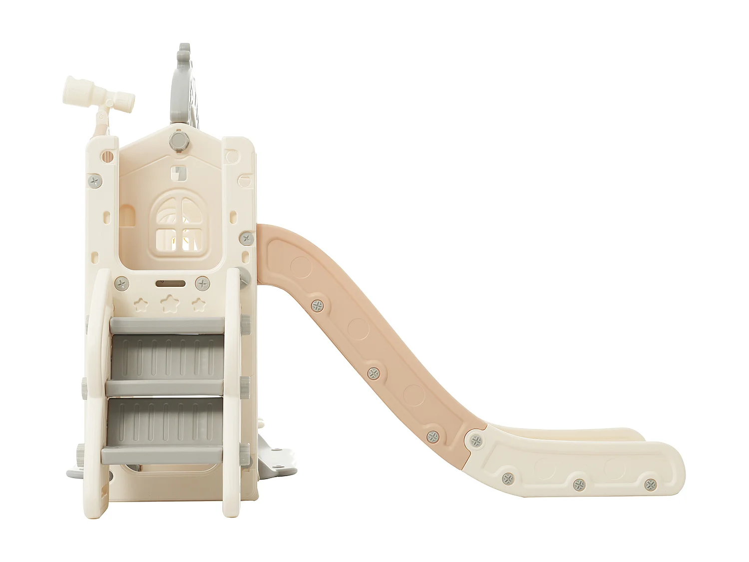 Toboggan enfant 5 en 1 157x145.5x121 cm avec structure d'escalade et balançoire matériau PEHD brun et blanc pour salon