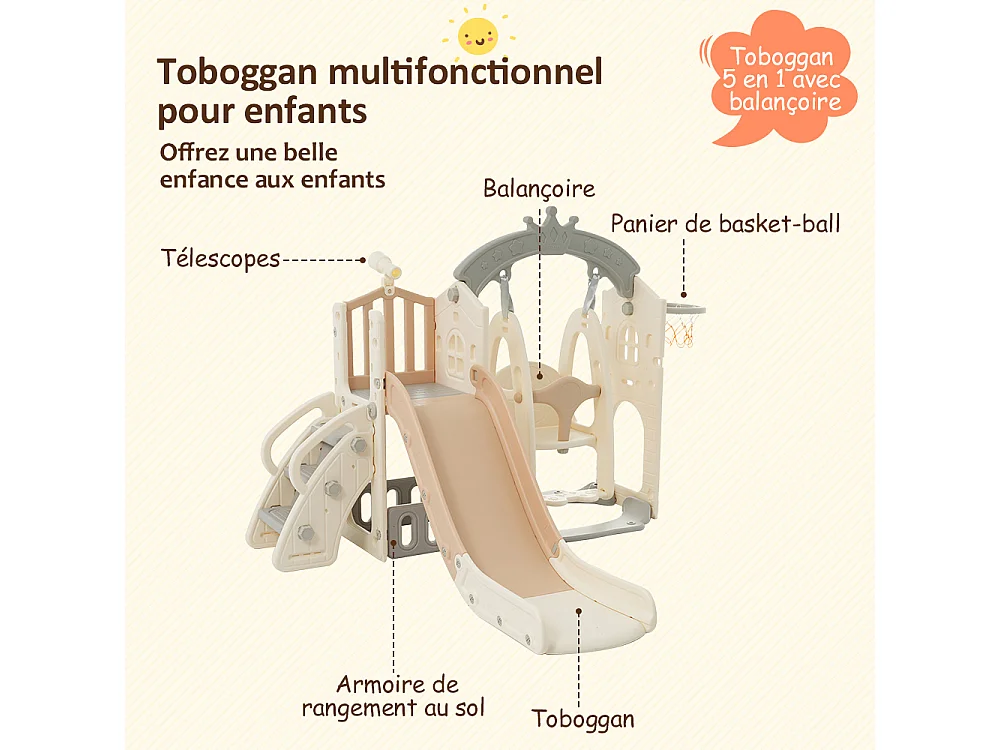 Toboggan enfant 5 en 1 157x145.5x121 cm avec structure d'escalade et balançoire matériau PEHD brun et blanc pour salon