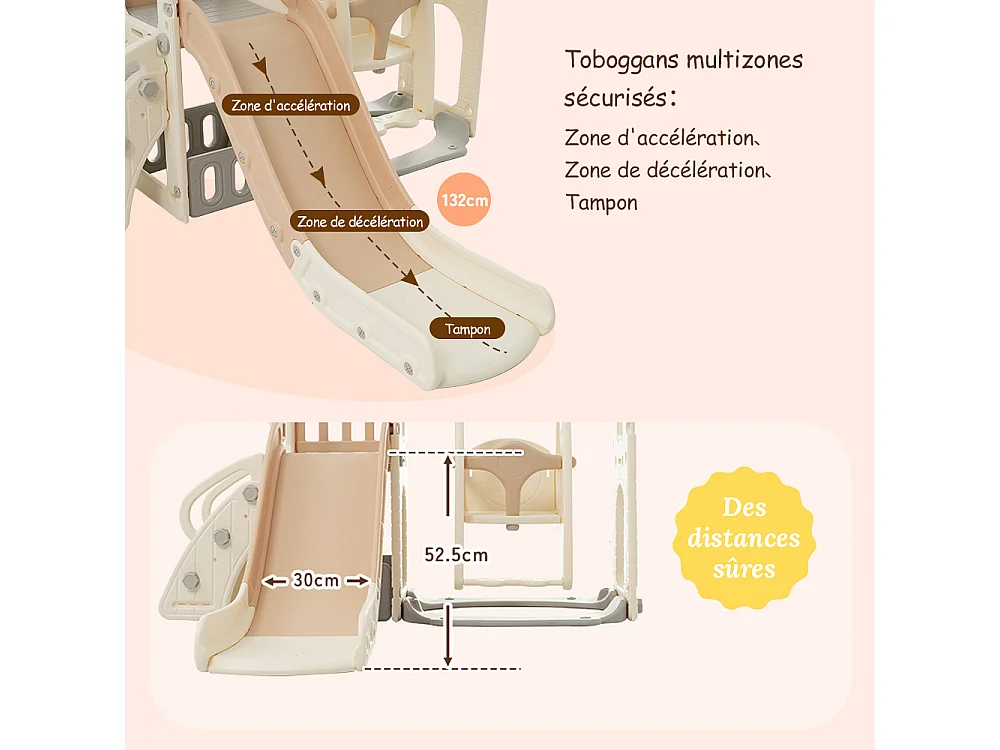 Toboggan enfant 5 en 1 157x145.5x121 cm avec structure d'escalade et balançoire matériau PEHD brun et blanc pour salon