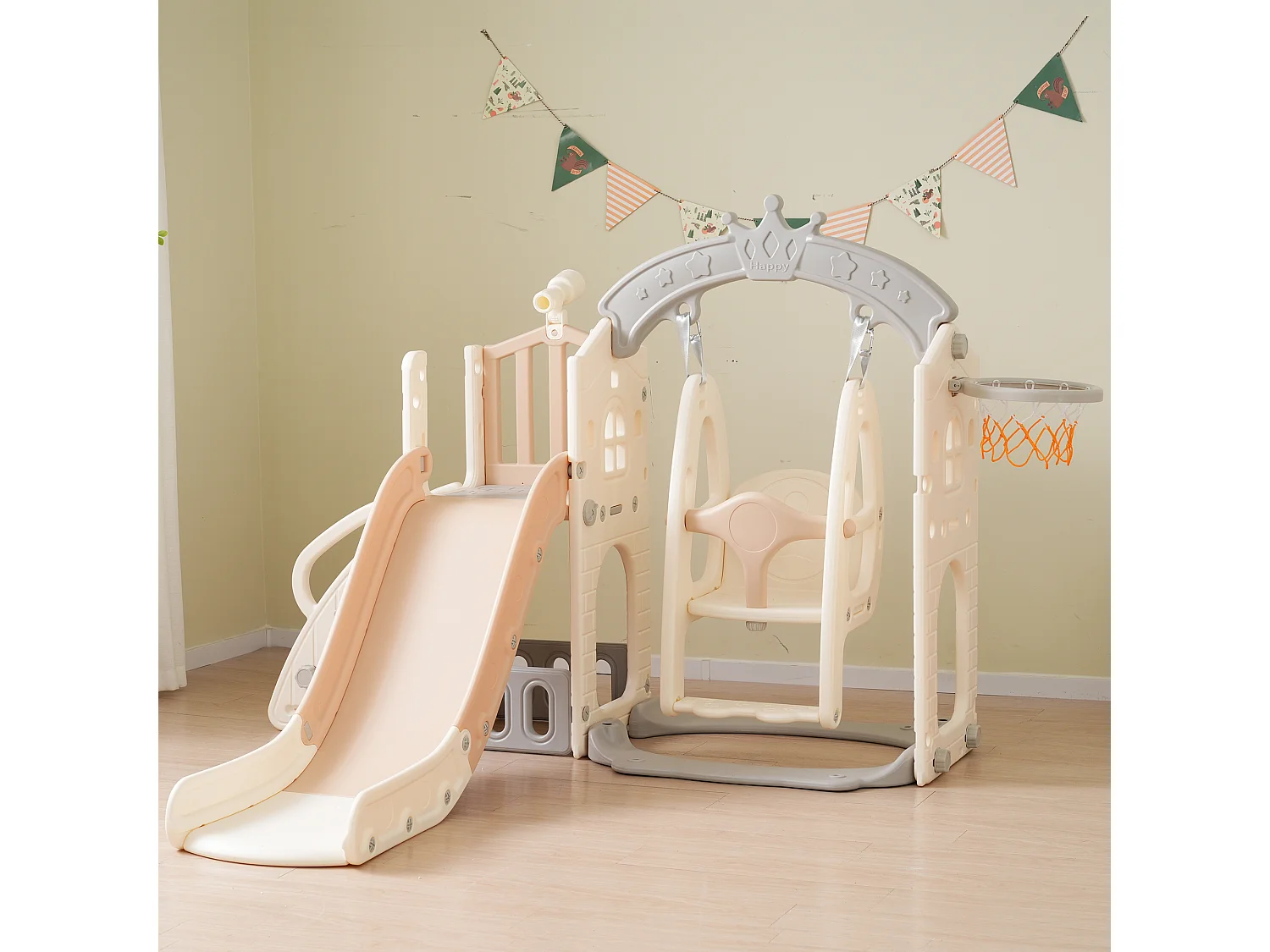 Toboggan enfant 5 en 1 157x145.5x121 cm avec structure d'escalade et balançoire matériau PEHD brun et blanc pour salon