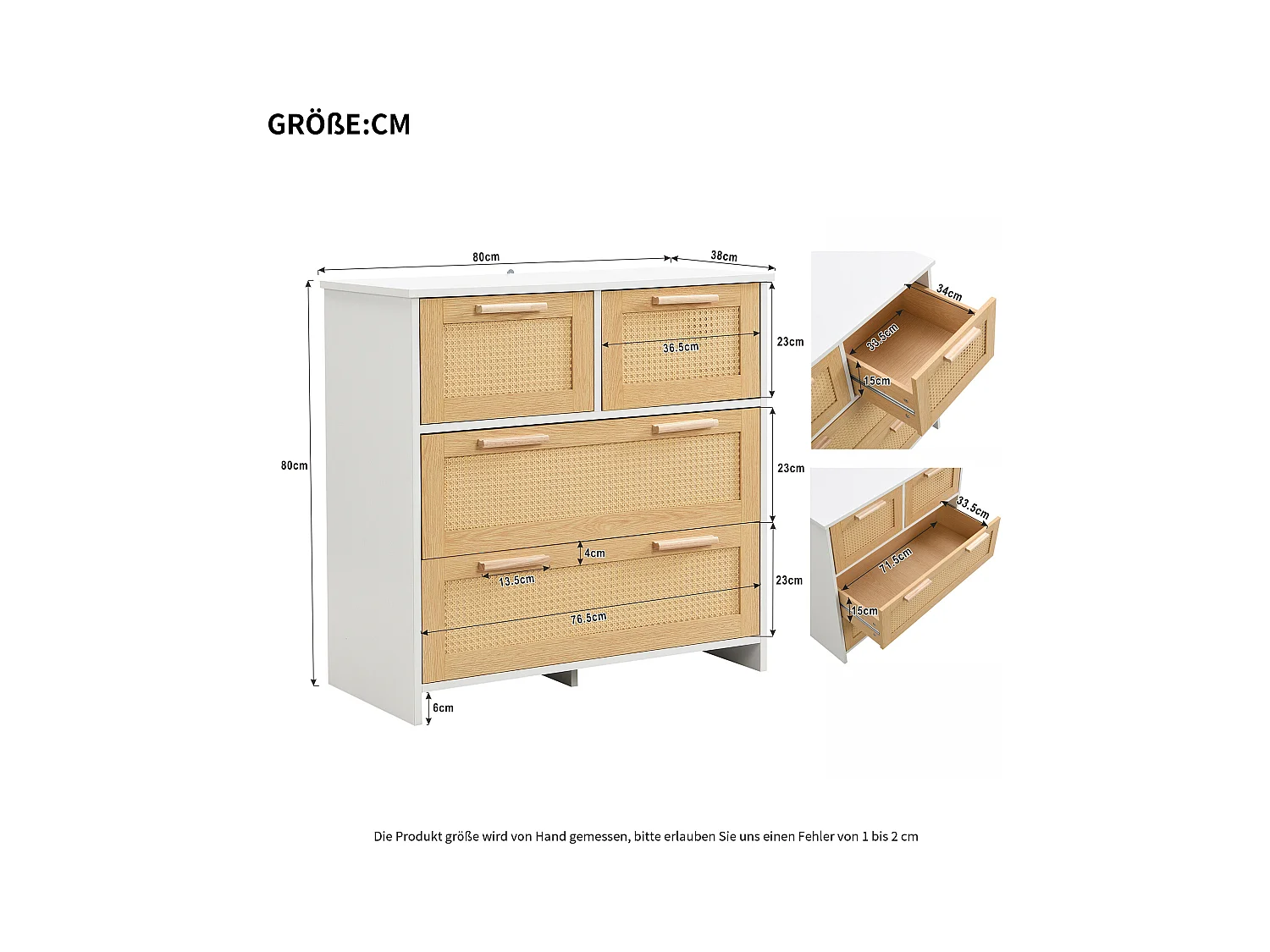 Commode 3 tiroirs 80x38x80 cm avec poignée Matériau MDF en blanc pour le salon et la chambre à coucher