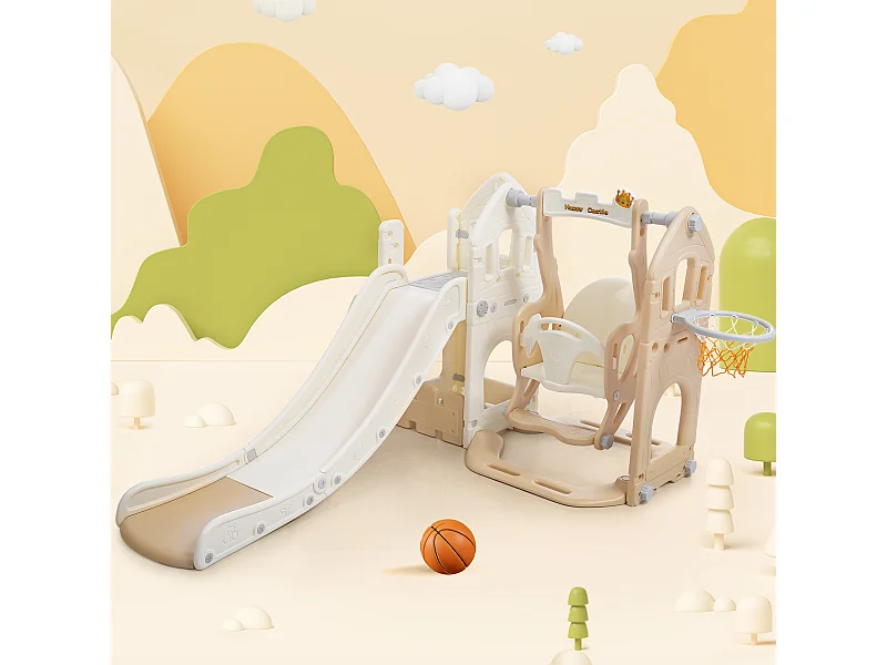 Glijbaan 184x179x103cm met 5 in 1 kinderglijbaan set inclusief klimmen wiebel en basketbalring brengen Materiaal HDPE en Wit