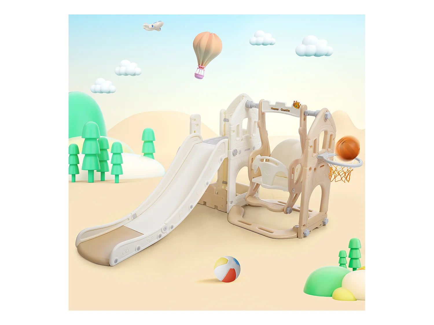 Glijbaan 184x179x103cm met 5 in 1 kinderglijbaan set inclusief klimmen wiebel en basketbalring brengen Materiaal HDPE en Wit