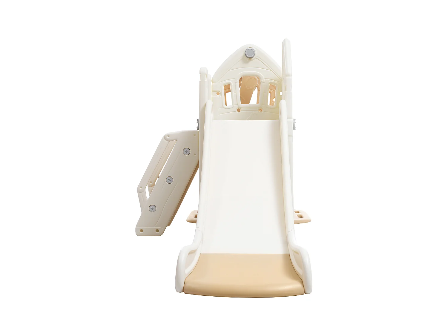 Glijbaan 184x179x103cm met 5 in 1 kinderglijbaan set inclusief klimmen wiebel en basketbalring brengen Materiaal HDPE en Wit