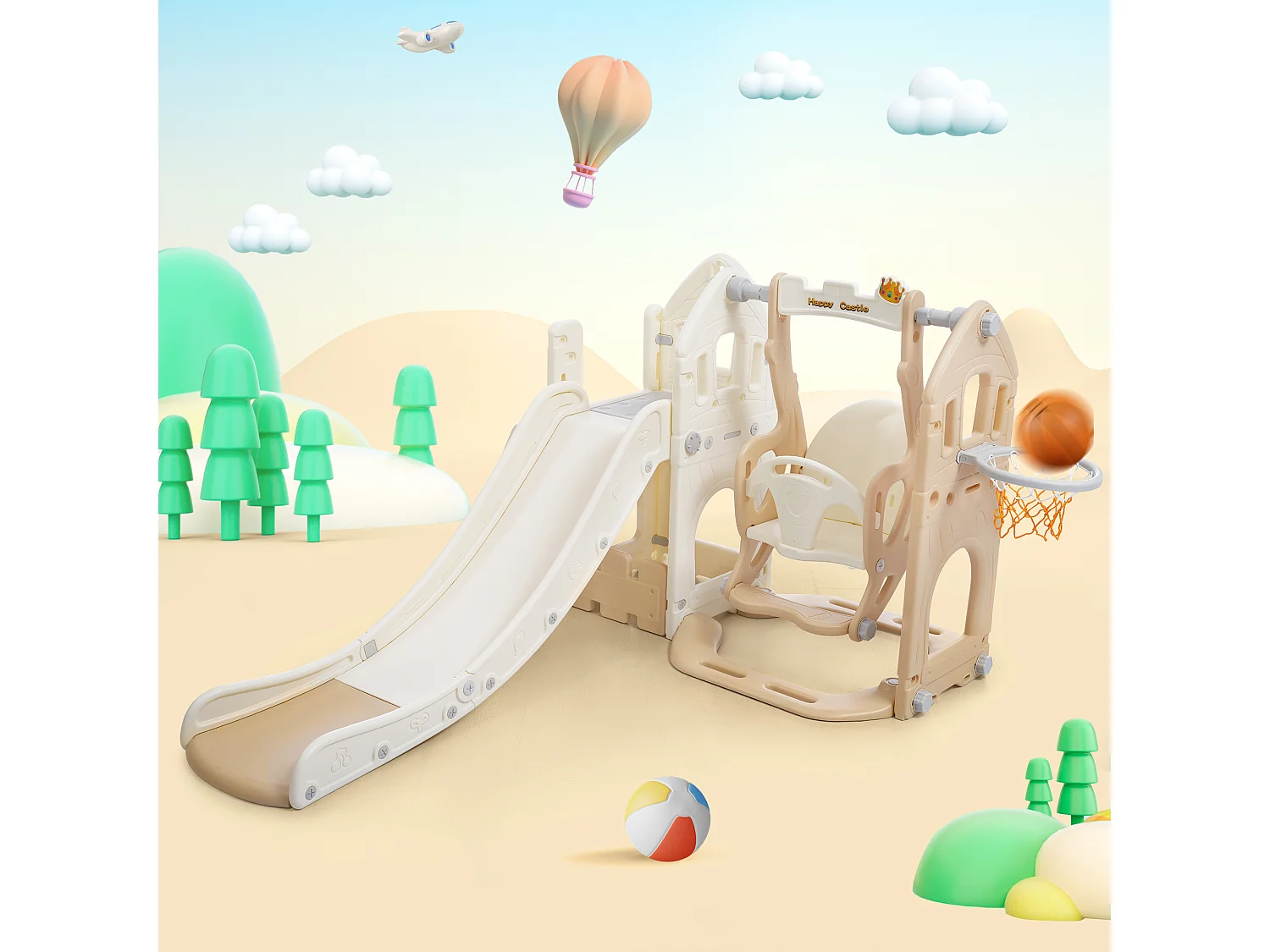 Ensemble de toboggan 184x179x103cm 5 en 1 Toboggan enfant Escalade Balançoire Panier de basketball Matériel HDPE Blanc