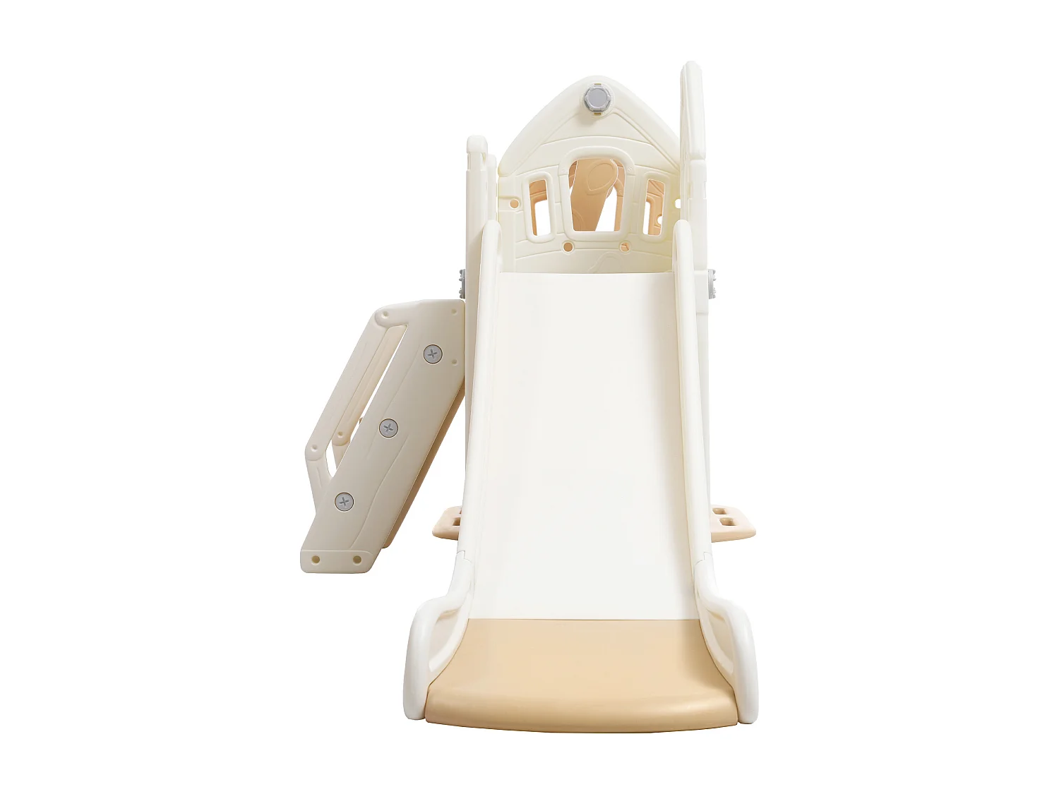 Ensemble de toboggan 184x179x103cm 5 en 1 Toboggan enfant Escalade Balançoire Panier de basketball Matériel HDPE Blanc