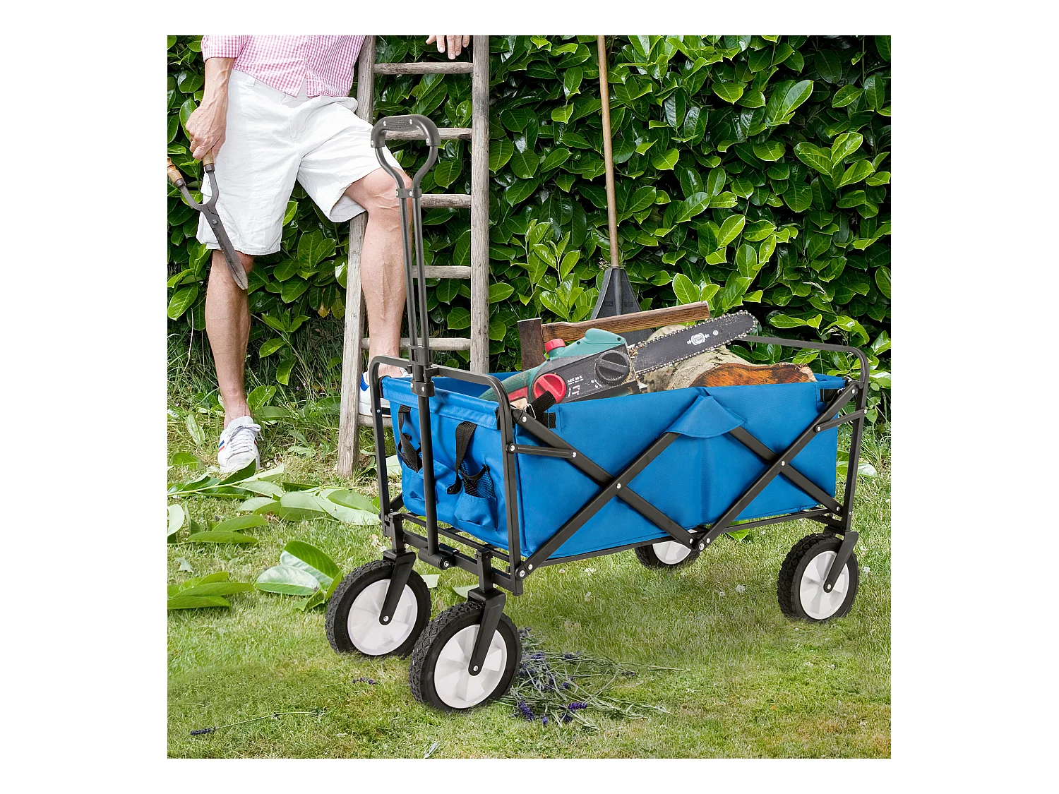 Tuinkar 90x51x100.5cm met vouwbaar ontwerp netten bekerhouders verstelbare handgreep doekzak en 360° draaiende voorwielen brengen Materiaal Stof Blauw