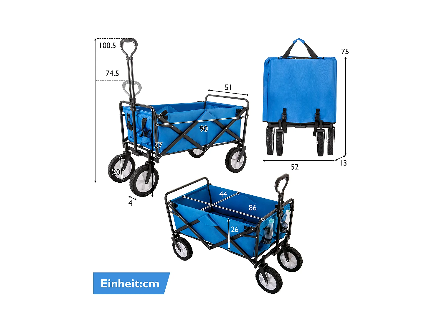 Tuinkar 90x51x100.5cm met vouwbaar ontwerp netten bekerhouders verstelbare handgreep doekzak en 360° draaiende voorwielen brengen Materiaal Stof Blauw