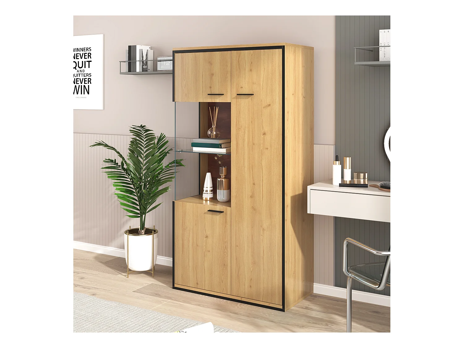 Kledingkast 77.5x40x150cm met 15 kleuren LED verlichting deuren en 3 verstelbare plankken brengen Materiaal MDF en Natuurlijke kleur