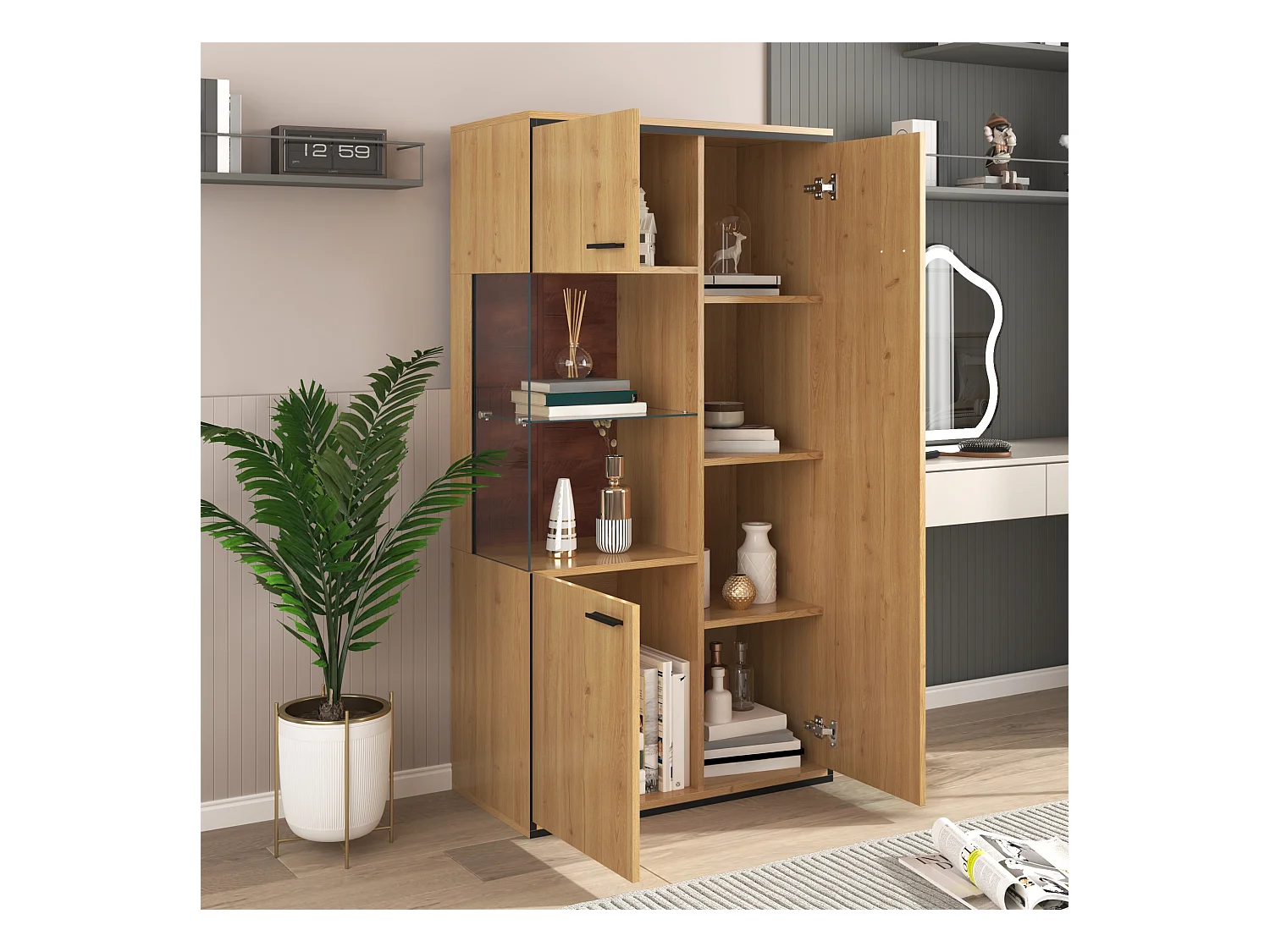 Kledingkast 77.5x40x150cm met 15 kleuren LED verlichting deuren en 3 verstelbare plankken brengen Materiaal MDF en Natuurlijke kleur