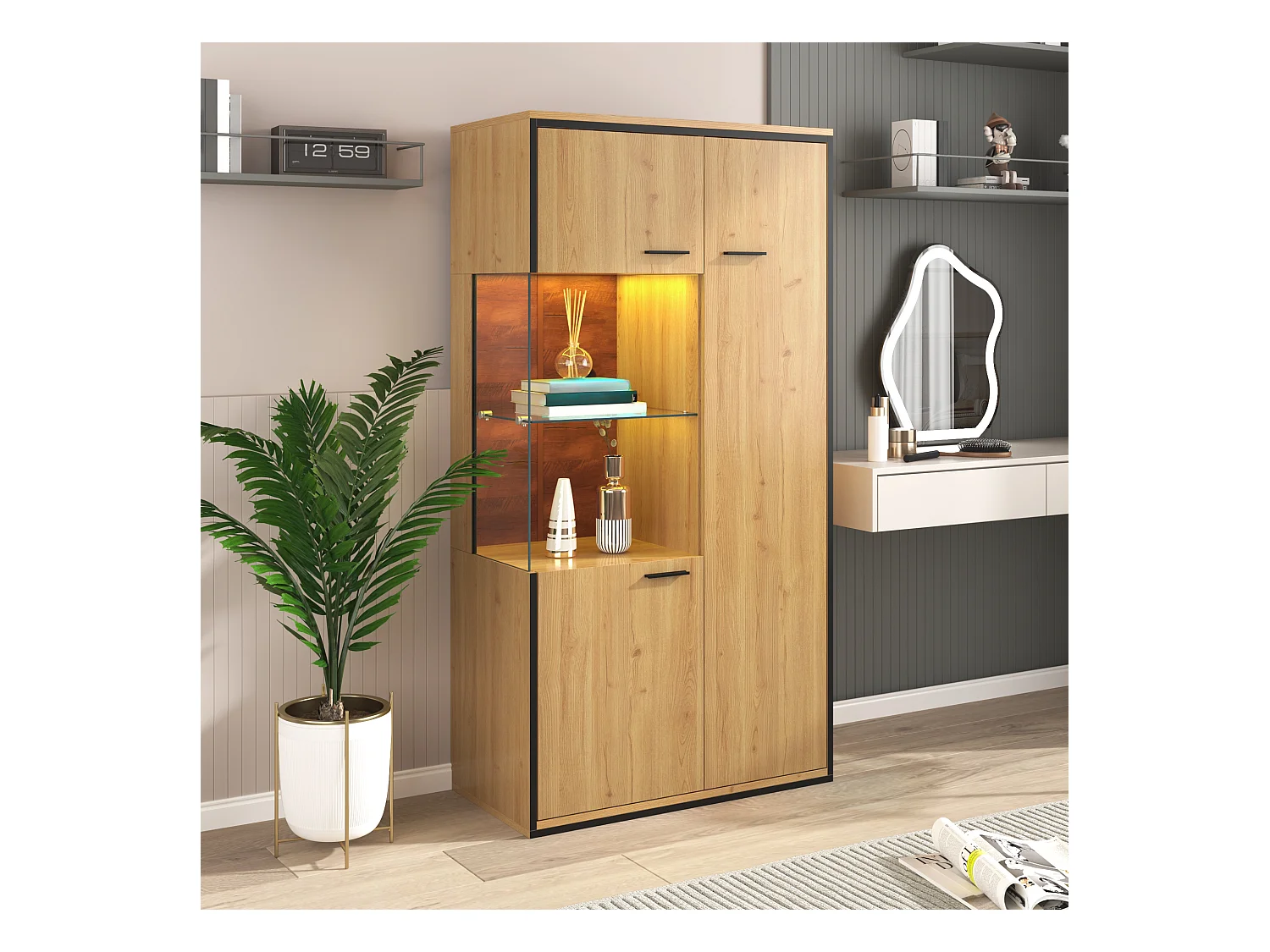 Kledingkast 77.5x40x150cm met 15 kleuren LED verlichting deuren en 3 verstelbare plankken brengen Materiaal MDF en Natuurlijke kleur