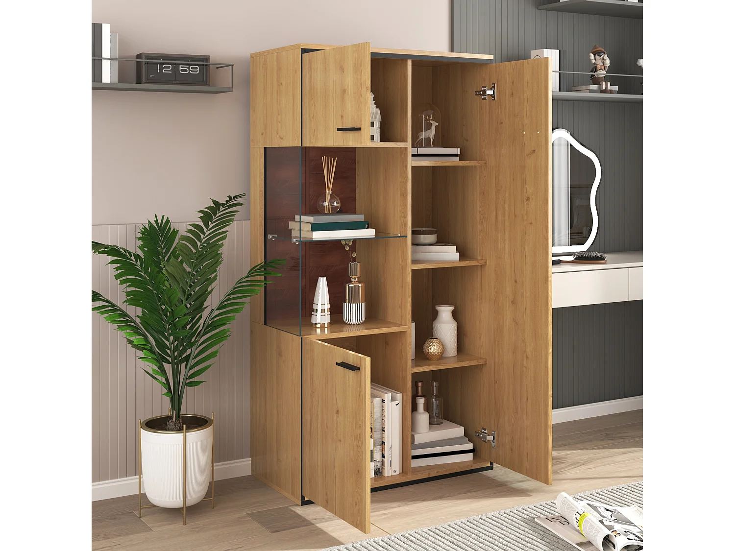 Garde robe 77.5x40x150cm LED 15 Couleurs lampe Avec porte 3 Étagères Réglables Matériel MDF Couleur Naturelle