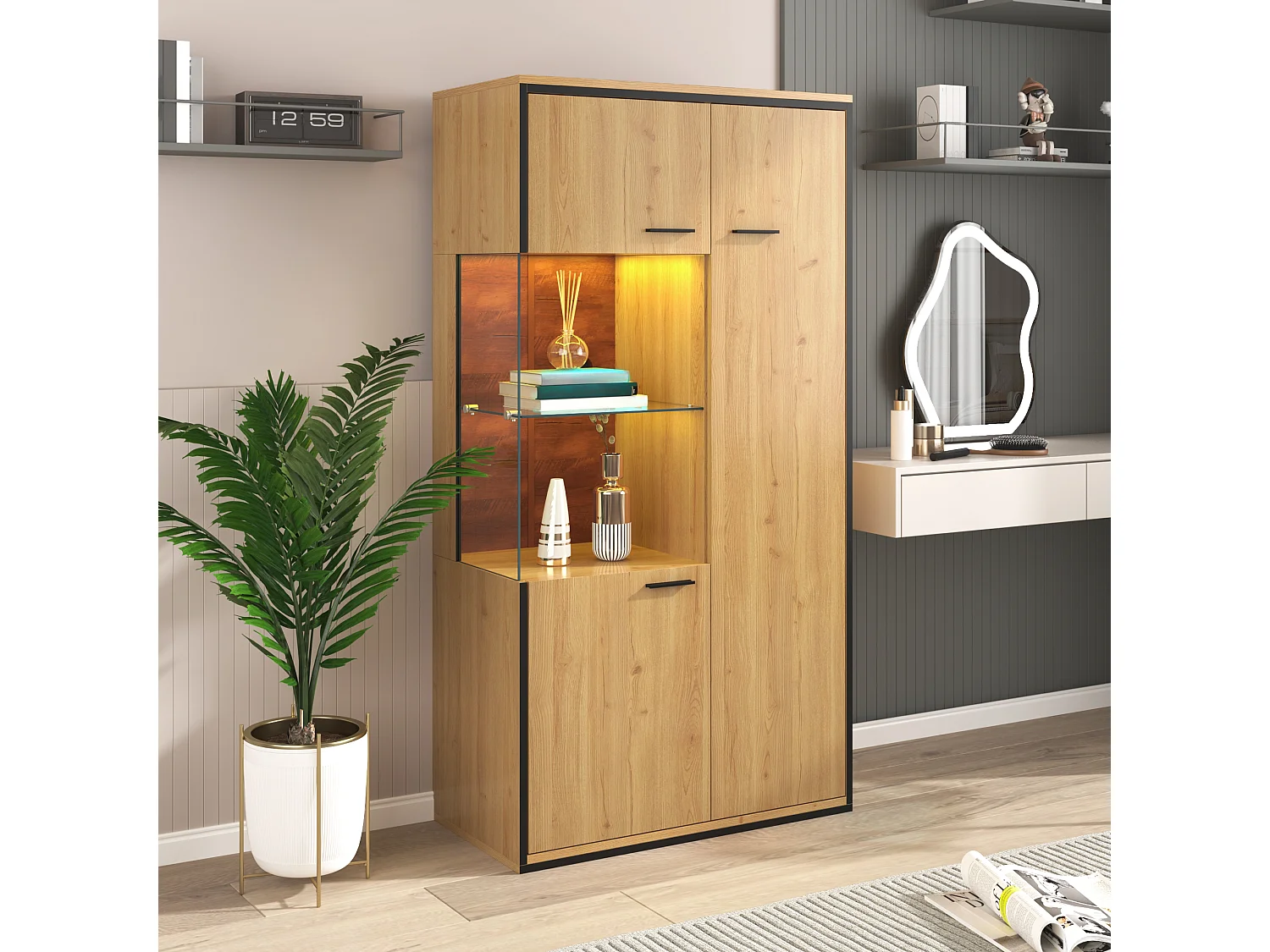 Garde robe 77.5x40x150cm LED 15 Couleurs lampe Avec porte 3 Étagères Réglables Matériel MDF Couleur Naturelle