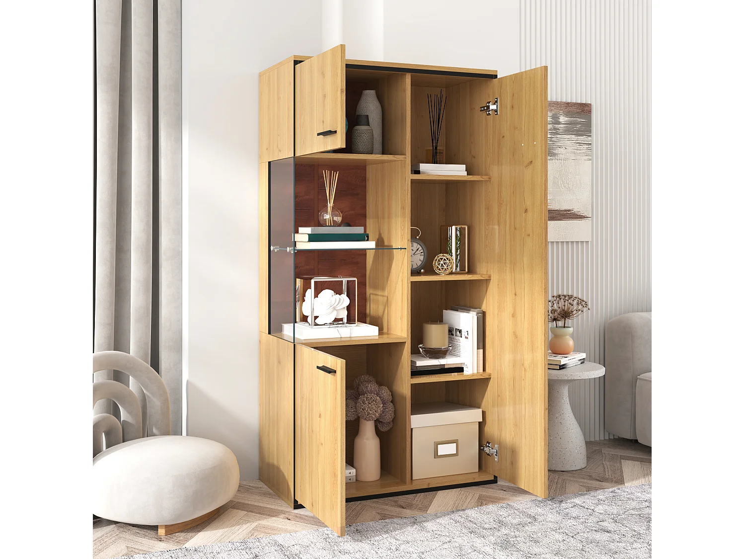 Vitrinekast 77.5x40x150 cm, LED-verlichting 15 kleuren, 3 verstelbare planken, glazen deur, MDF, naturel