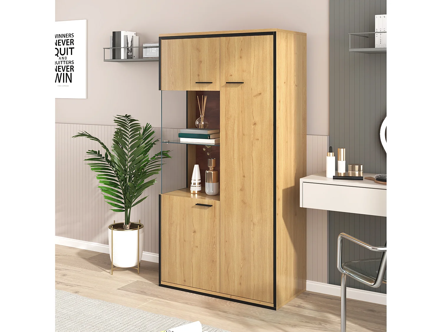 Vitrinekast 77.5x40x150 cm, LED-verlichting 15 kleuren, 3 verstelbare planken, glazen deur, MDF, naturel