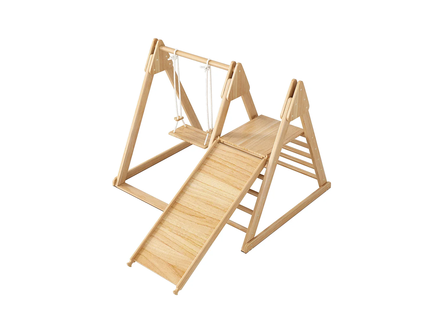 3-in-1 kinderglijbaan, 124x174x110 cm, met klimstructuur en schommel, van hout, natuurlijke kleur, voor de woonkamer