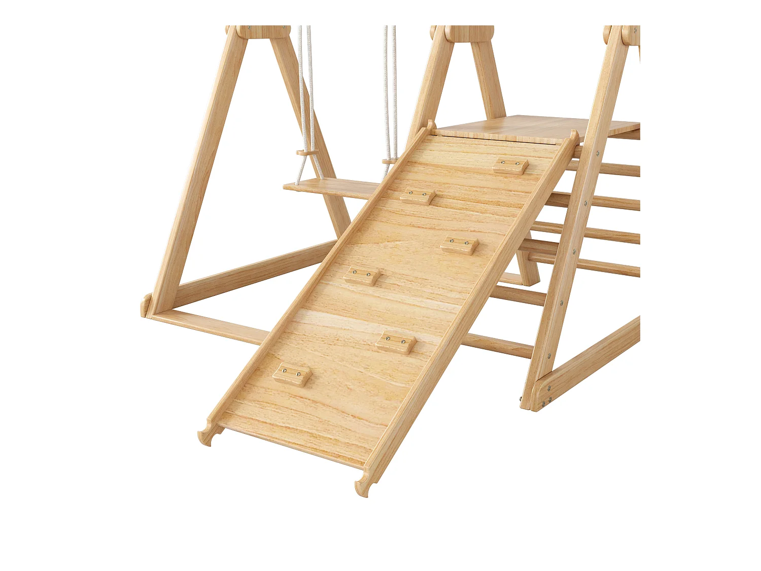 3-in-1 kinderglijbaan, 124x174x110 cm, met klimstructuur en schommel, van hout, natuurlijke kleur, voor de woonkamer