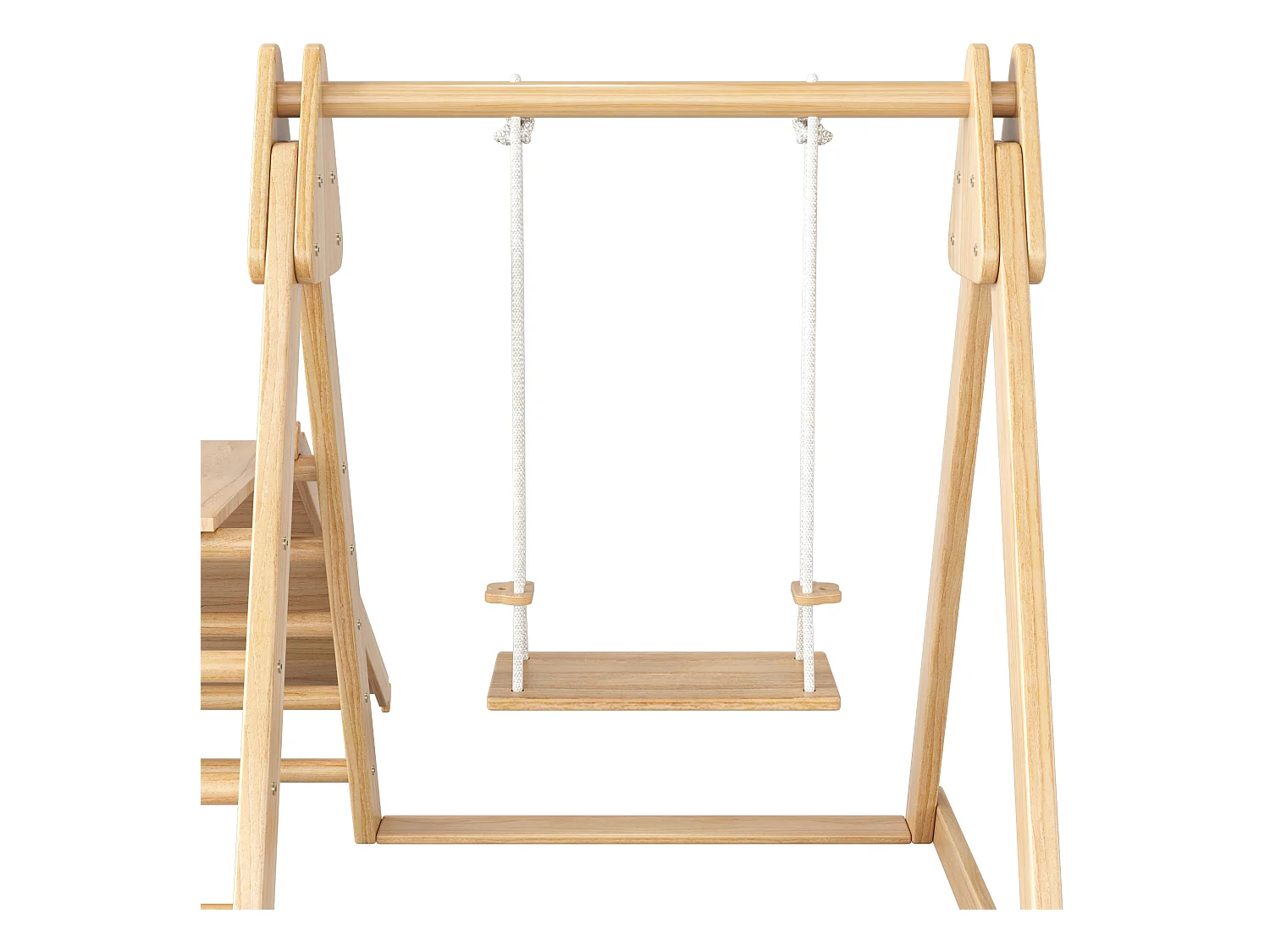 3-in-1 kinderglijbaan, 124x174x110 cm, met klimstructuur en schommel, van hout, natuurlijke kleur, voor de woonkamer