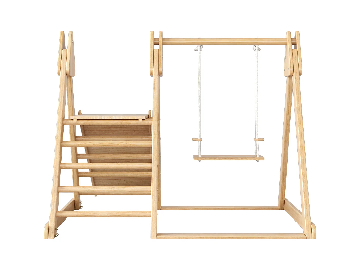 3-in-1 kinderglijbaan, 124x174x110 cm, met klimstructuur en schommel, van hout, natuurlijke kleur, voor de woonkamer