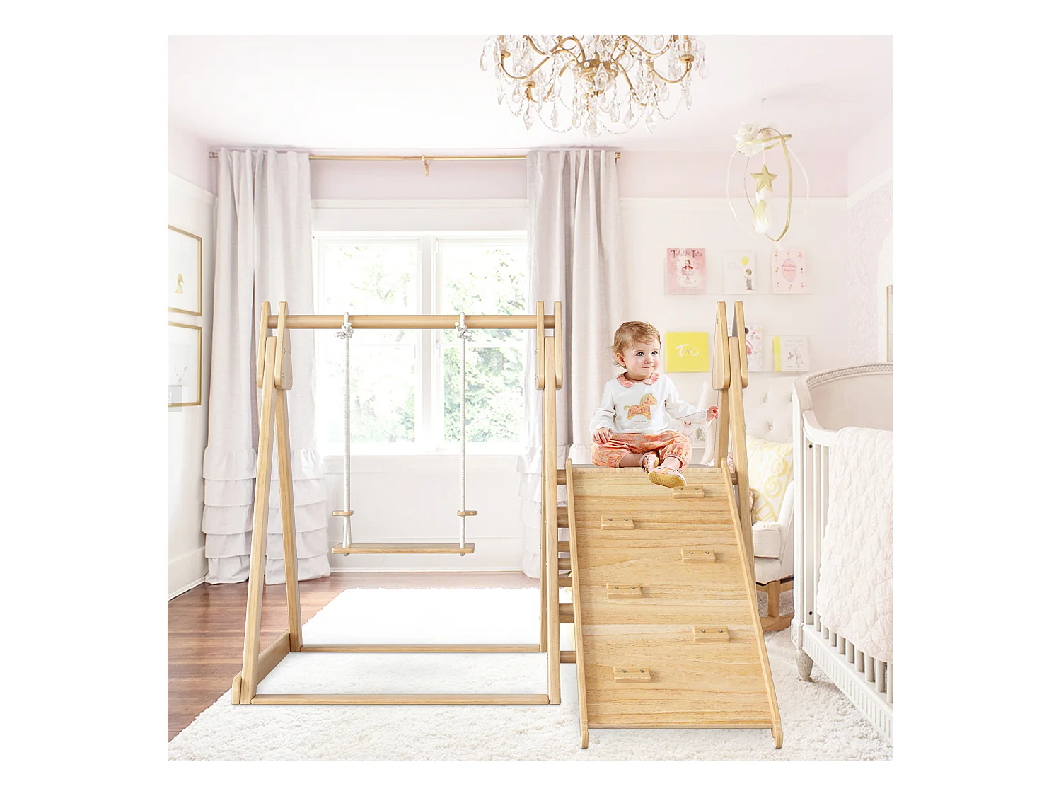 3-in-1 kinderglijbaan, 124x174x110 cm, met klimstructuur en schommel, van hout, natuurlijke kleur, voor de woonkamer