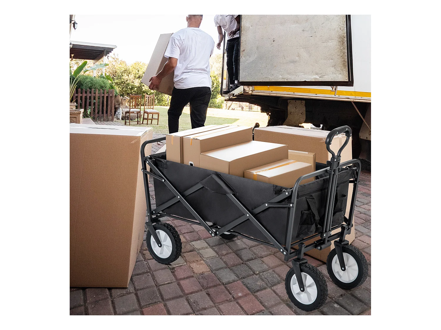 Tuinkar 90x51x100.5cm met vouwbaar ontwerp netten bekerhouders verstelbare handgreep doekzak en 360° draaiende voorwielen brengen Materiaal Stof Zwart