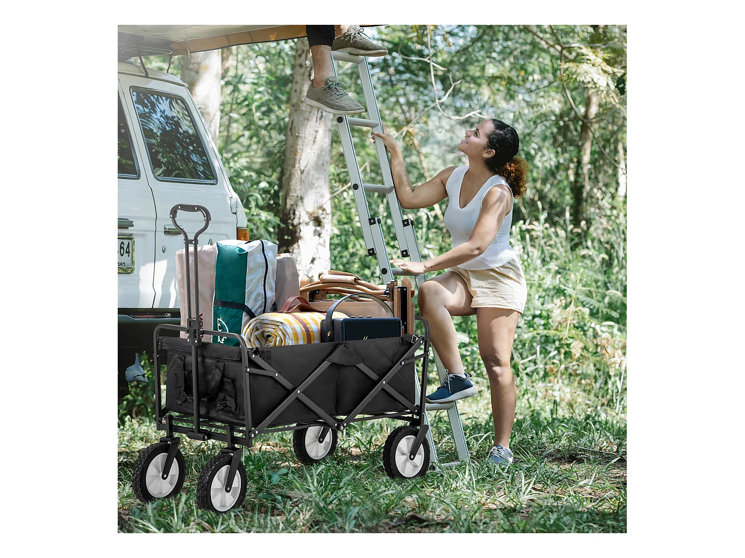 Tuinkar 90x51x100.5cm met vouwbaar ontwerp netten bekerhouders verstelbare handgreep doekzak en 360° draaiende voorwielen brengen Materiaal Stof Zwart