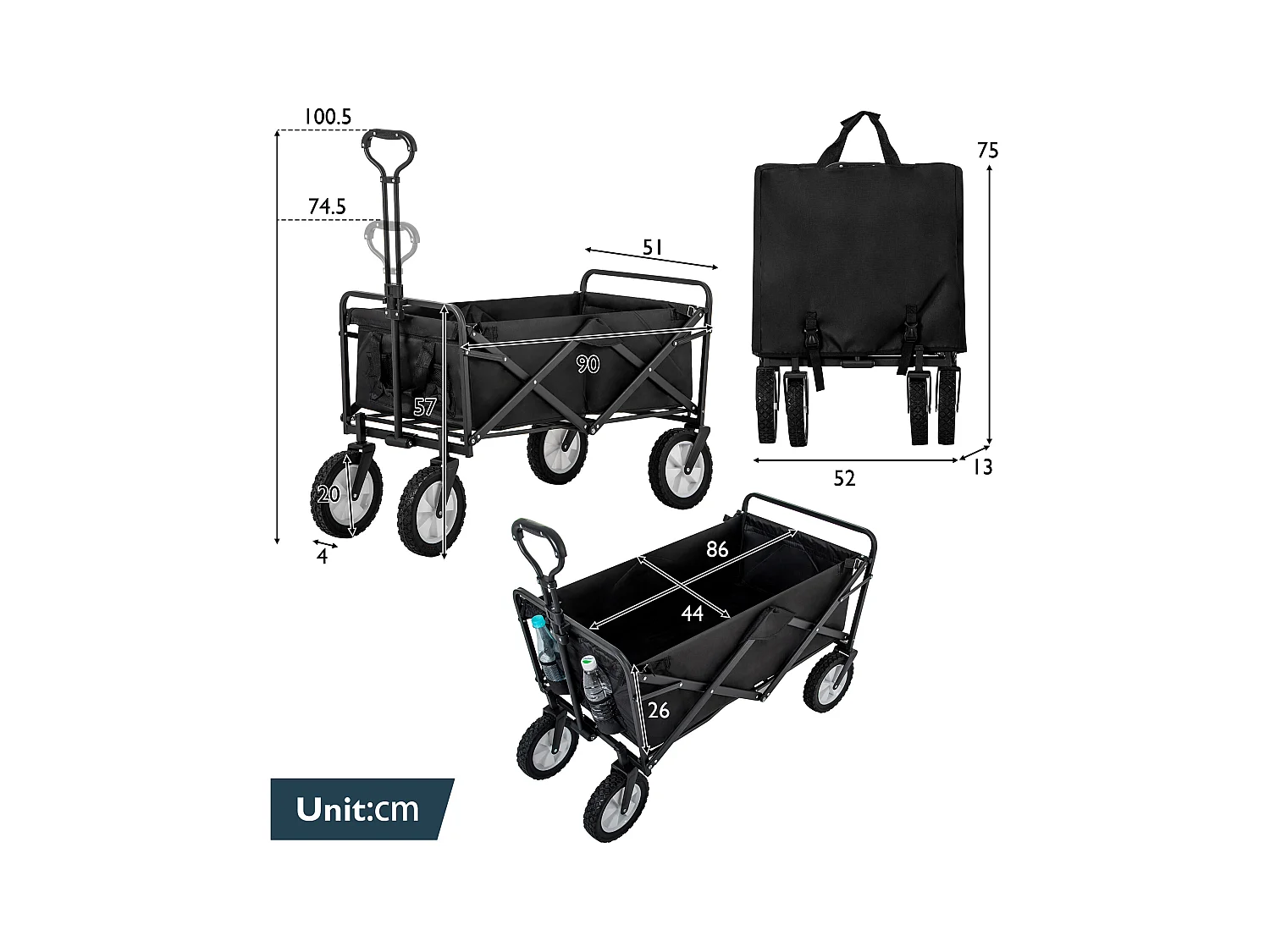 Tuinkar 90x51x100.5cm met vouwbaar ontwerp netten bekerhouders verstelbare handgreep doekzak en 360° draaiende voorwielen brengen Materiaal Stof Zwart