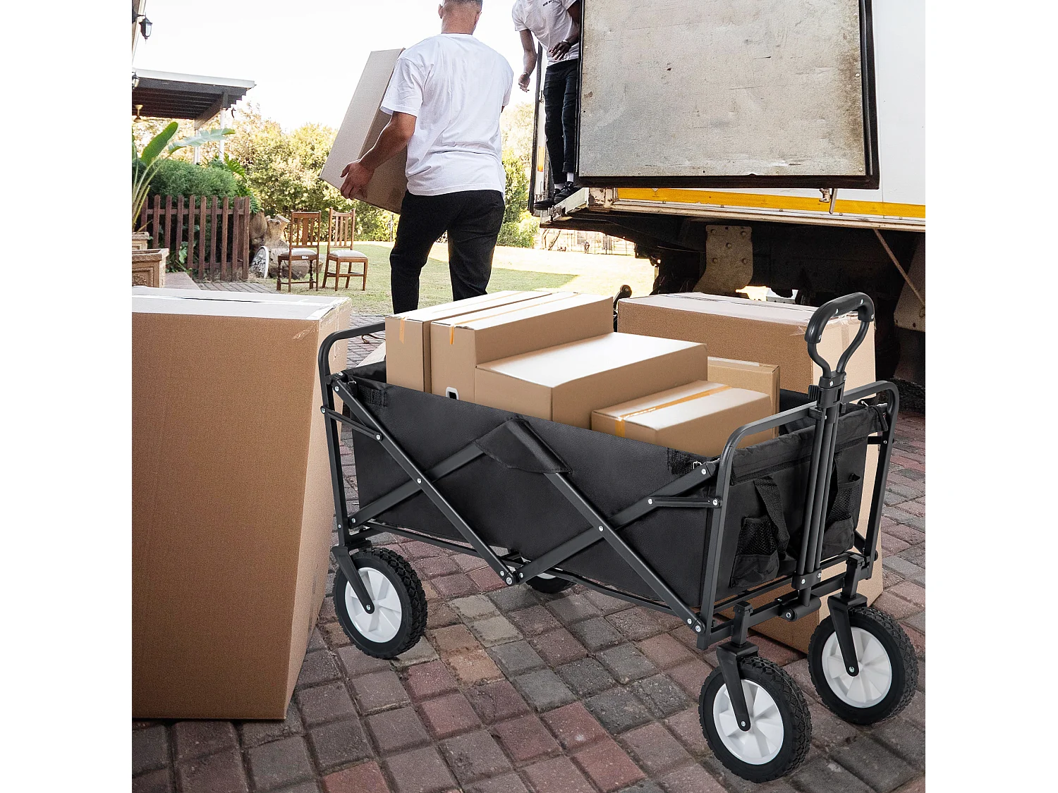 Chariot de jardin 90×51×100.5cm Pliable Porte Gobelets en Réseau Poignée Réglable Roues Avant Rotatives 360°  Fabric Noir