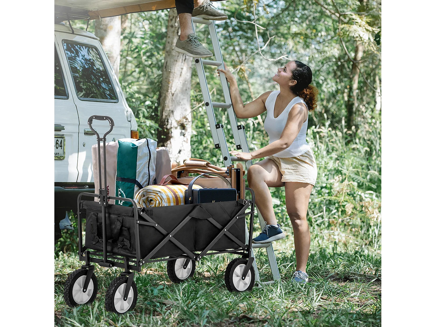 Chariot de jardin 90×51×100.5cm Pliable Porte Gobelets en Réseau Poignée Réglable Roues Avant Rotatives 360°  Fabric Noir