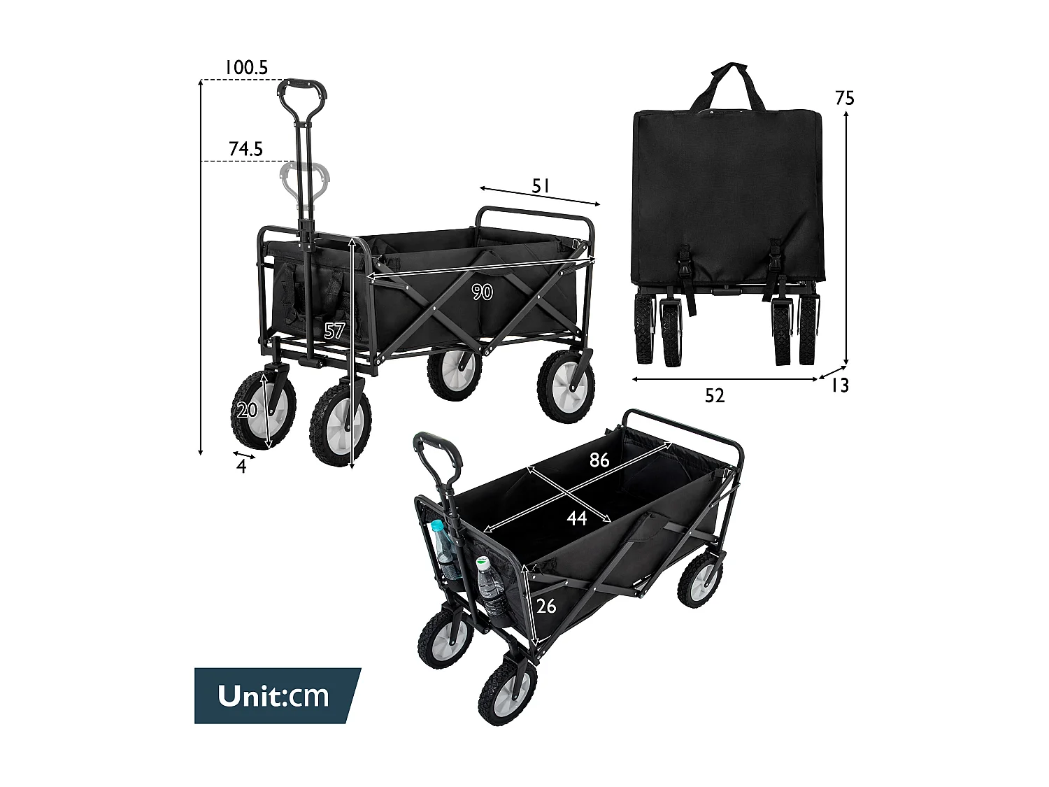 Chariot de jardin 90×51×100.5cm Pliable Porte Gobelets en Réseau Poignée Réglable Roues Avant Rotatives 360°  Fabric Noir