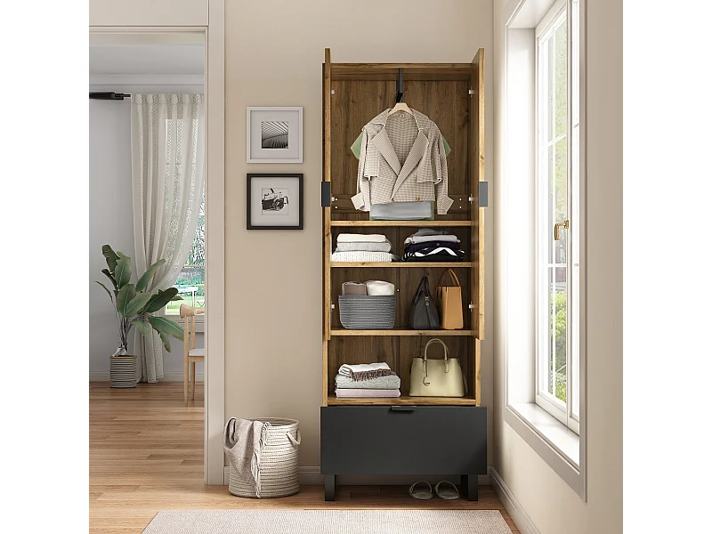 Garde-robe 68x38x180 cm avec tiroirs et séparateurs réglables panneaux de particules en Couleur naturelle pour salon