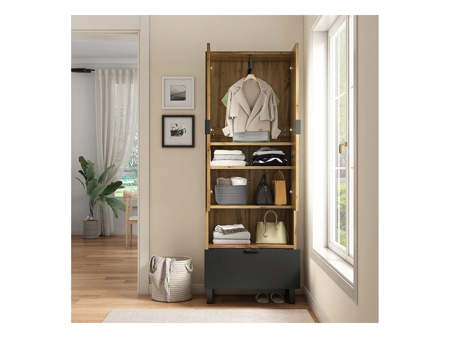 Garde-robe 68x38x180 cm avec tiroirs et séparateurs réglables panneaux de particules en Couleur naturelle pour salon