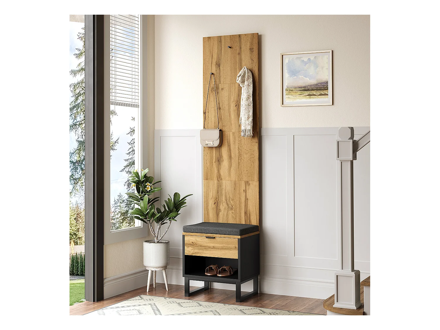 Garde-robe 50x38x210 cm avec banc à chaussures tiroirs et crochets panneaux de particules en Couleur naturelle pour salon