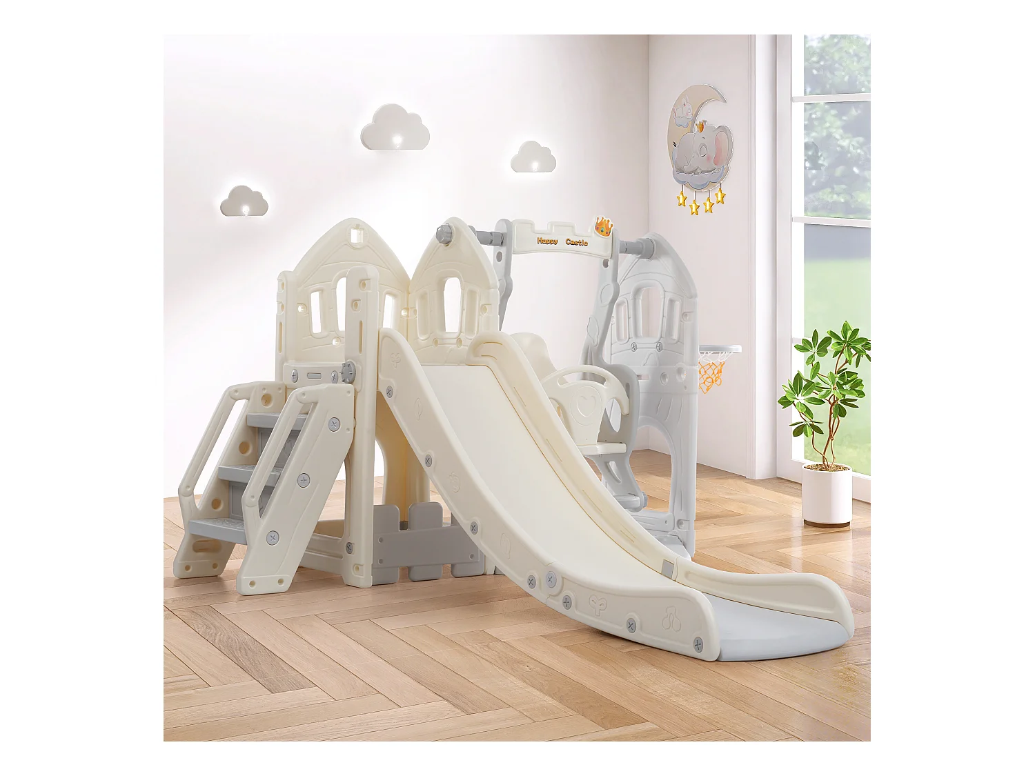 Glijbaan 184x179x103cm met 5 in 1 kinderglijbaan set inclusief klimmen wiebel en basketbalring brengen Materiaal HDPE en grijs