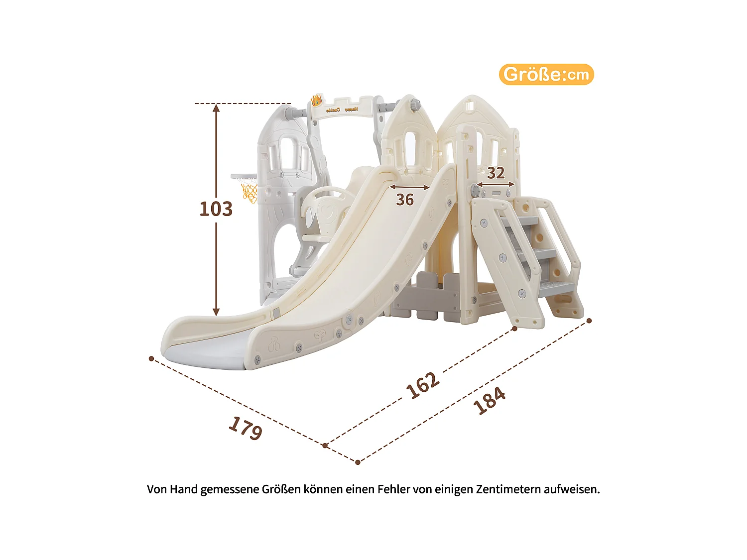 Glijbaan 184x179x103cm met 5 in 1 kinderglijbaan set inclusief klimmen wiebel en basketbalring brengen Materiaal HDPE en grijs