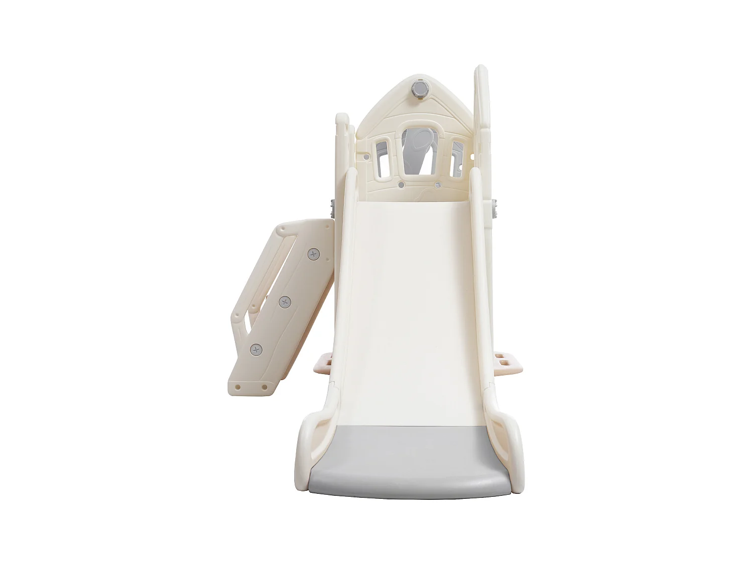 Glijbaan 184x179x103cm met 5 in 1 kinderglijbaan set inclusief klimmen wiebel en basketbalring brengen Materiaal HDPE en grijs