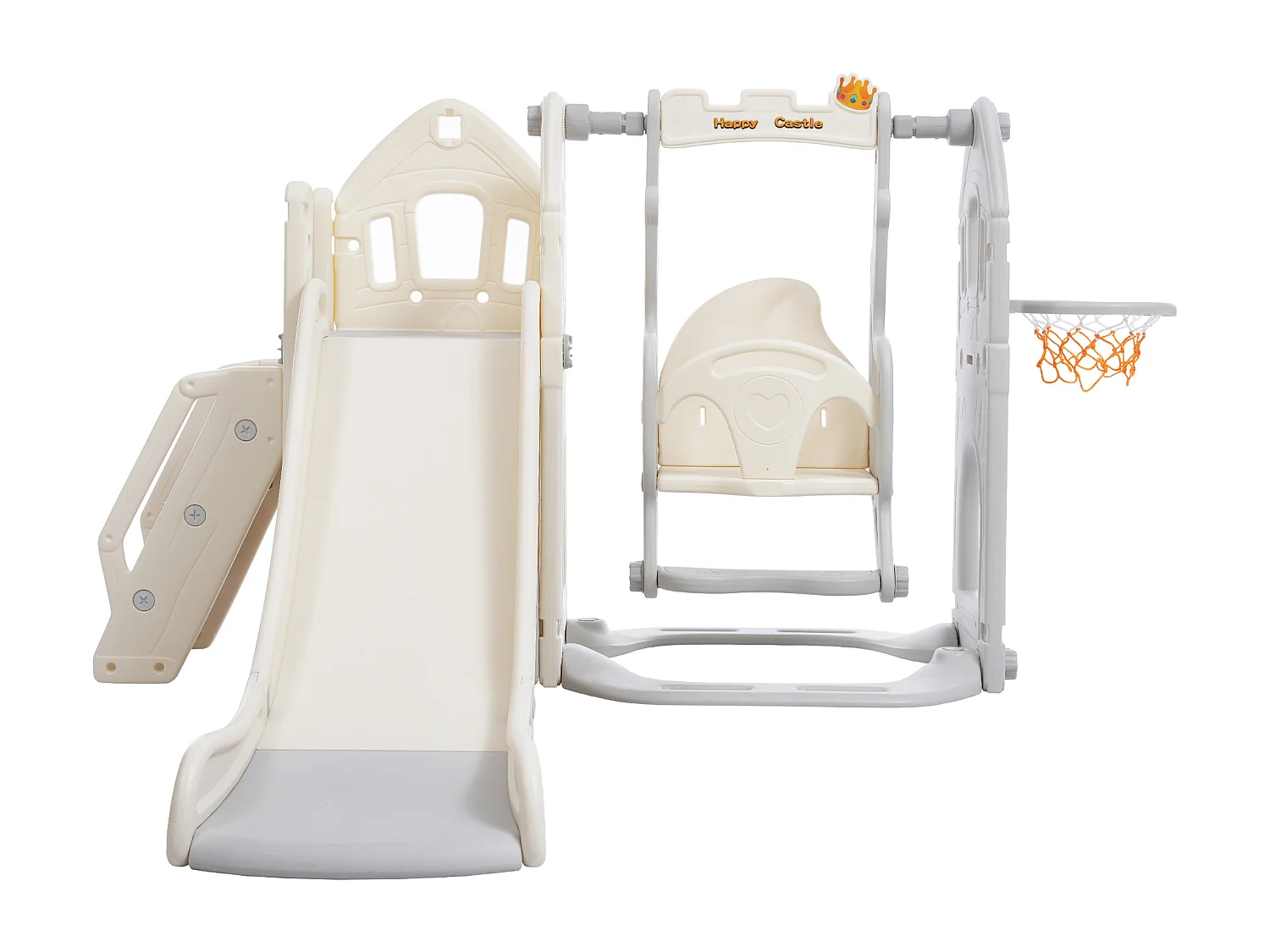 Ensemble de toboggan 184x179x103cm 5 en 1 Toboggan enfant Escalade Balançoire Panier de basketball Matériel HDPE Gris