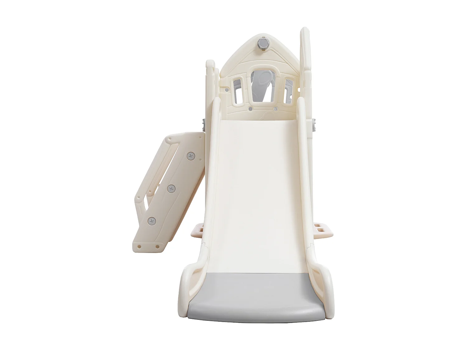 Ensemble de toboggan 184x179x103cm 5 en 1 Toboggan enfant Escalade Balançoire Panier de basketball Matériel HDPE Gris