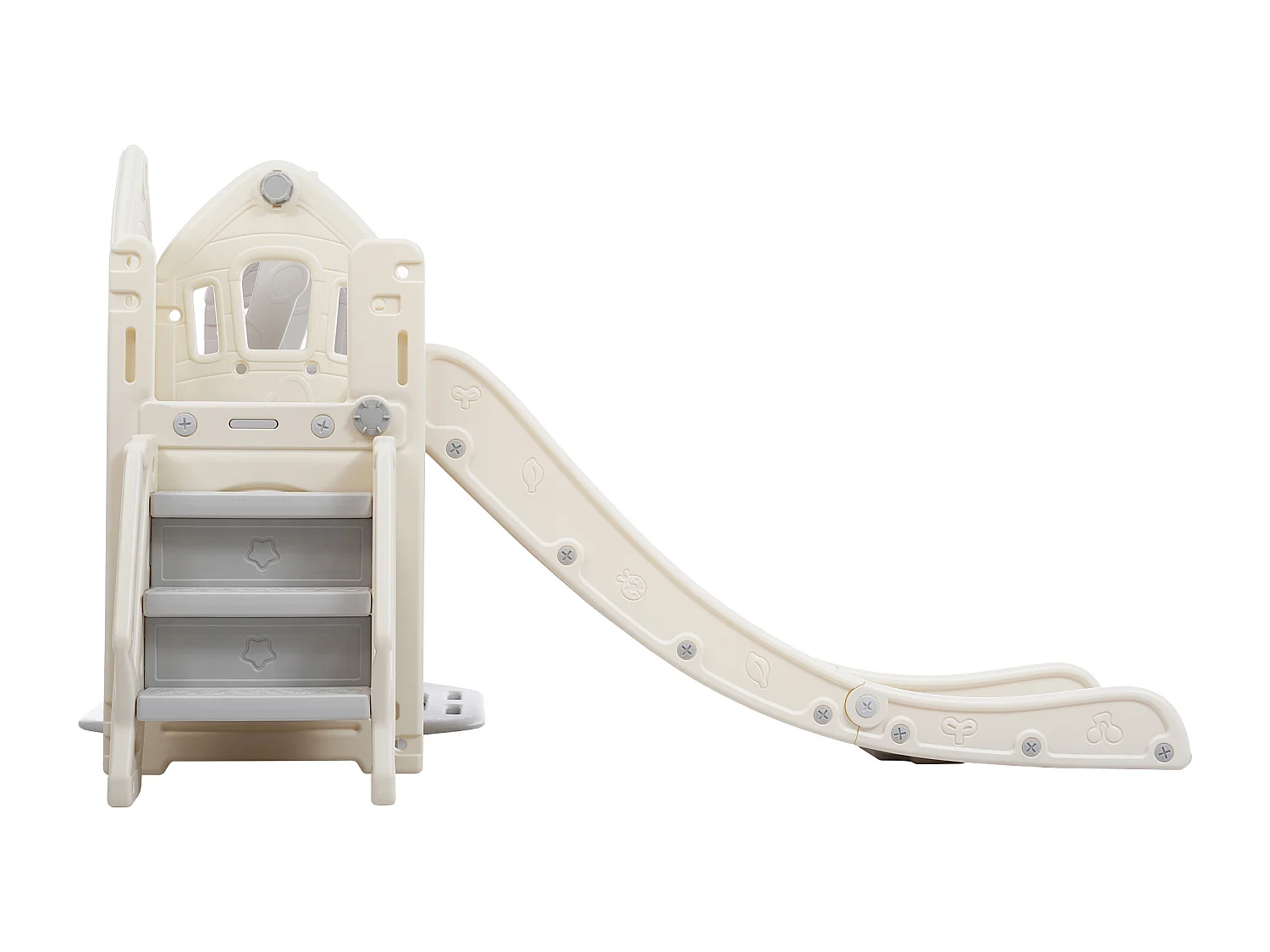 Kinderspeeltoestel 184x179x103 cm, 5-in-1 met glijbaan en schommel, trap, basketbalring, opbergruimte, HDPE, antiek grijs