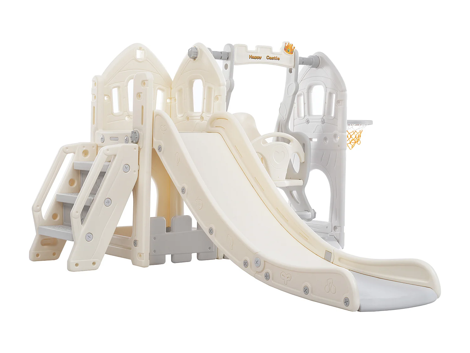 Kinderspeeltoestel 184x179x103 cm, 5-in-1 met glijbaan en schommel, trap, basketbalring, opbergruimte, HDPE, antiek grijs