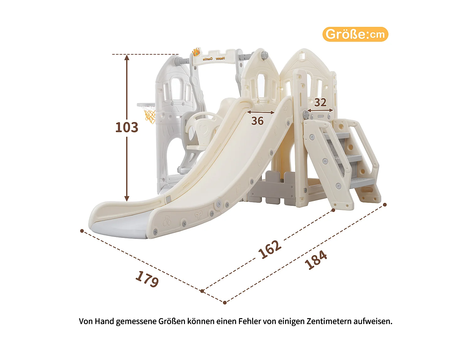 Kinderspeeltoestel 184x179x103 cm, 5-in-1 met glijbaan en schommel, trap, basketbalring, opbergruimte, HDPE, antiek grijs