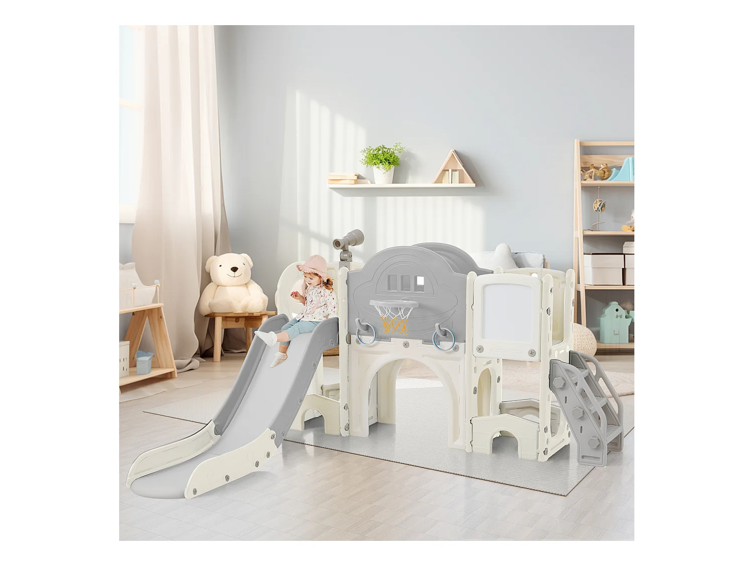 10-in-1 kinderglijbaan 172 x 165 x 95 cm, met glijbaan, basketbalring en tekenbord, wit en grijs HDPE-materiaal