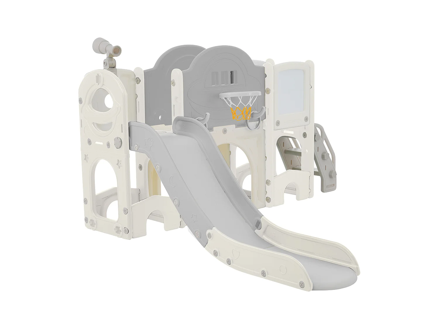 10-in-1 kinderglijbaan 172 x 165 x 95 cm, met glijbaan, basketbalring en tekenbord, wit en grijs HDPE-materiaal